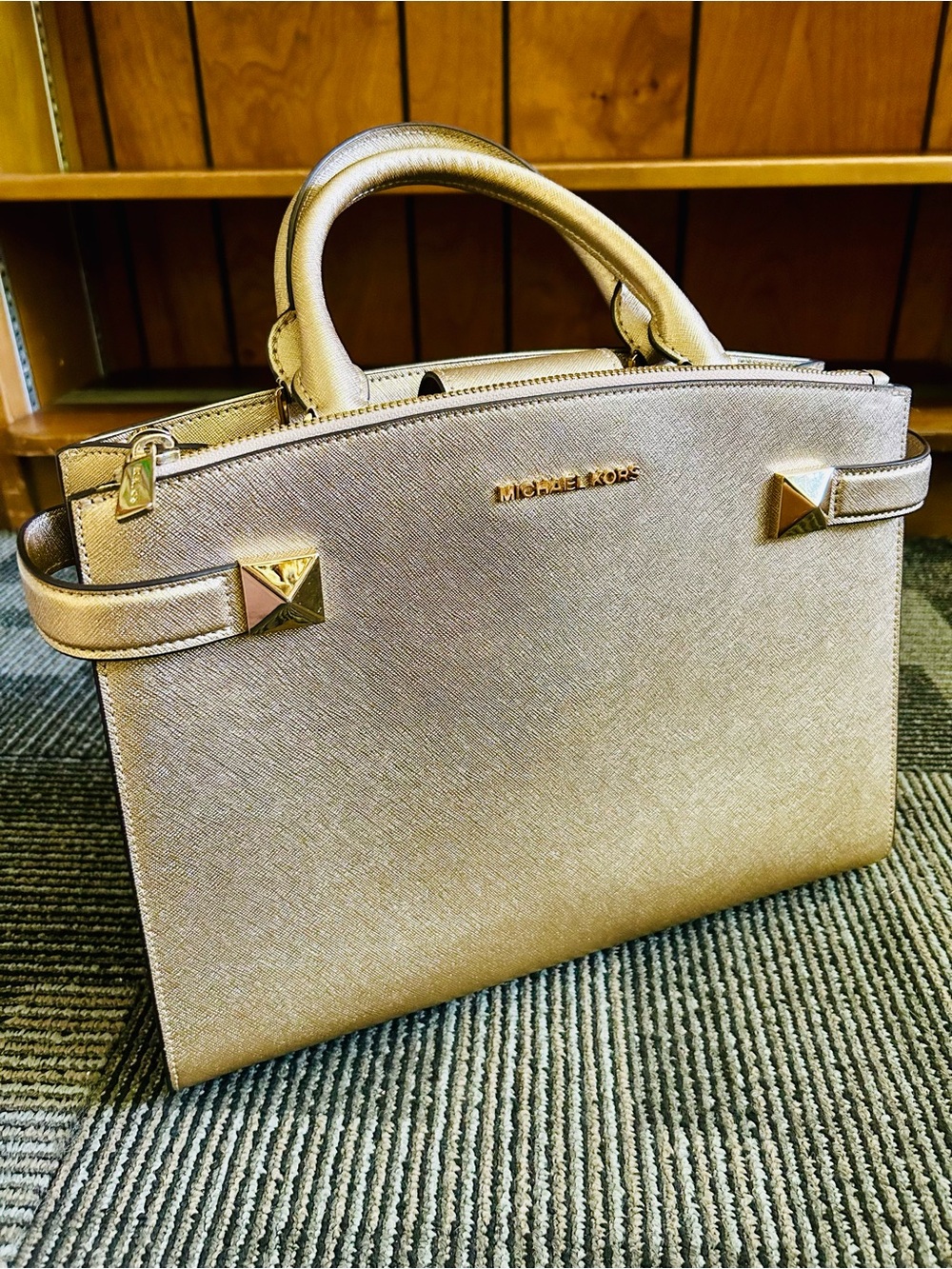 Michael Kors Metallic Gold Saffiano Leather Karla Top Zip Satchel Bag Purse Med